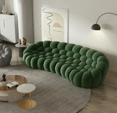 Fabbricazione design nordico soggiorno moderno divano boucle trapuntato in velluto divano a bolle a nido d'ape curvo in legno massello