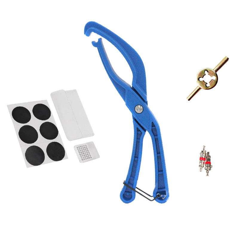 Tire stripper, blue tire patch, valve wrench
