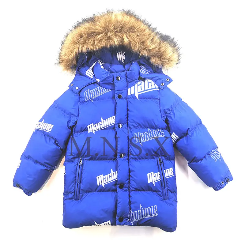 Abrigo largo para niños, chaqueta de invierno con estampado de letras azul brillante