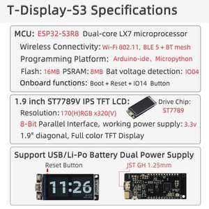 LILYGO T-Display-S3 ESP32-S3開発ボードフラッシュ16MB WIFI Bluetooth 5.0ワイヤレスモジュール1.9インチST7789 LCDディスプレイ付き - Product Image 6