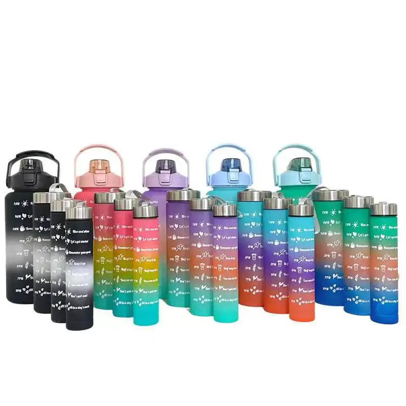 Botella de agua deportiva 4 en 1 para gimnasio, Juego de 4 piezas, juego de botellas de Color degradado, botella motivacional portátil con asa de Fitness