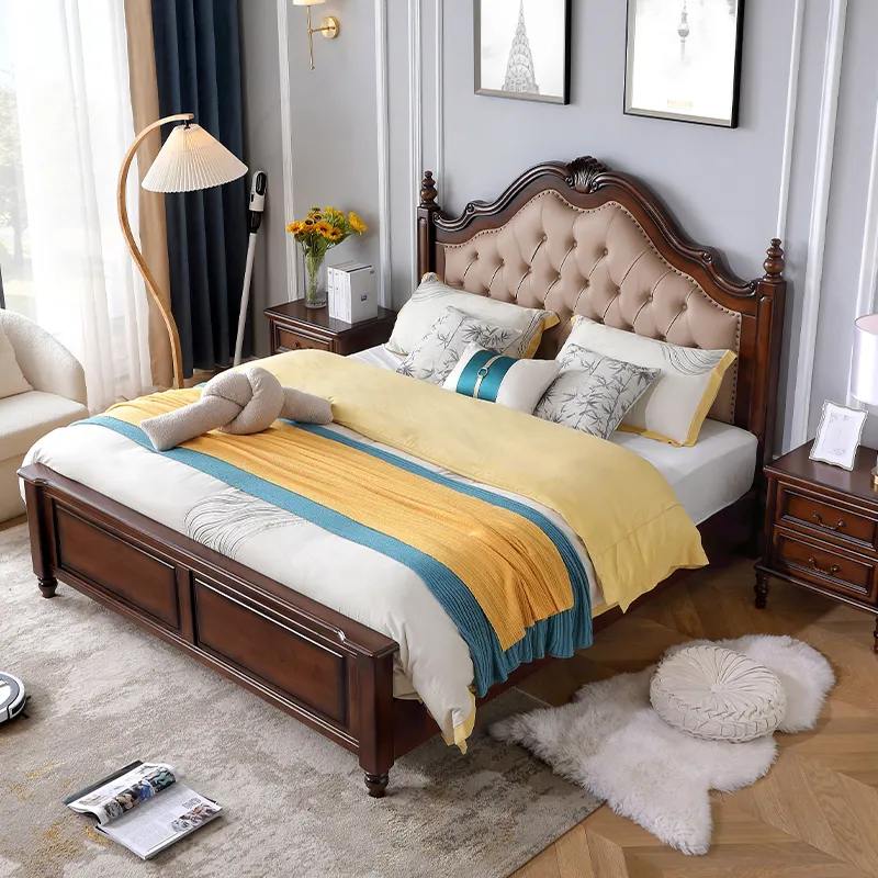 Juego de dormitorio americano Country Poster modelo de cama de madera para dormitorio Muebles de madera maciza
