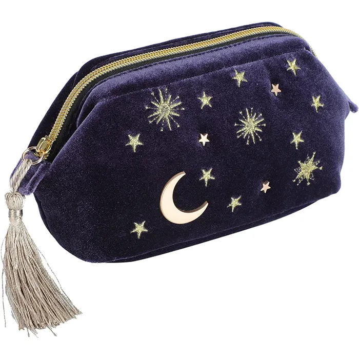 Práctica bolsa de maquillaje de terciopelo azul marino, aplique bordado, luna, estrellas, sol, bolsa de cosméticos de nuevo diseñador, bolsa estrellada con borlas