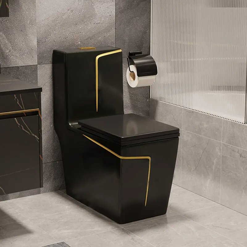 Lusso quadrato moderno bagno montaggio a pavimento sanitari wc comò wc un pezzo ceramica nero wc con linea dorata