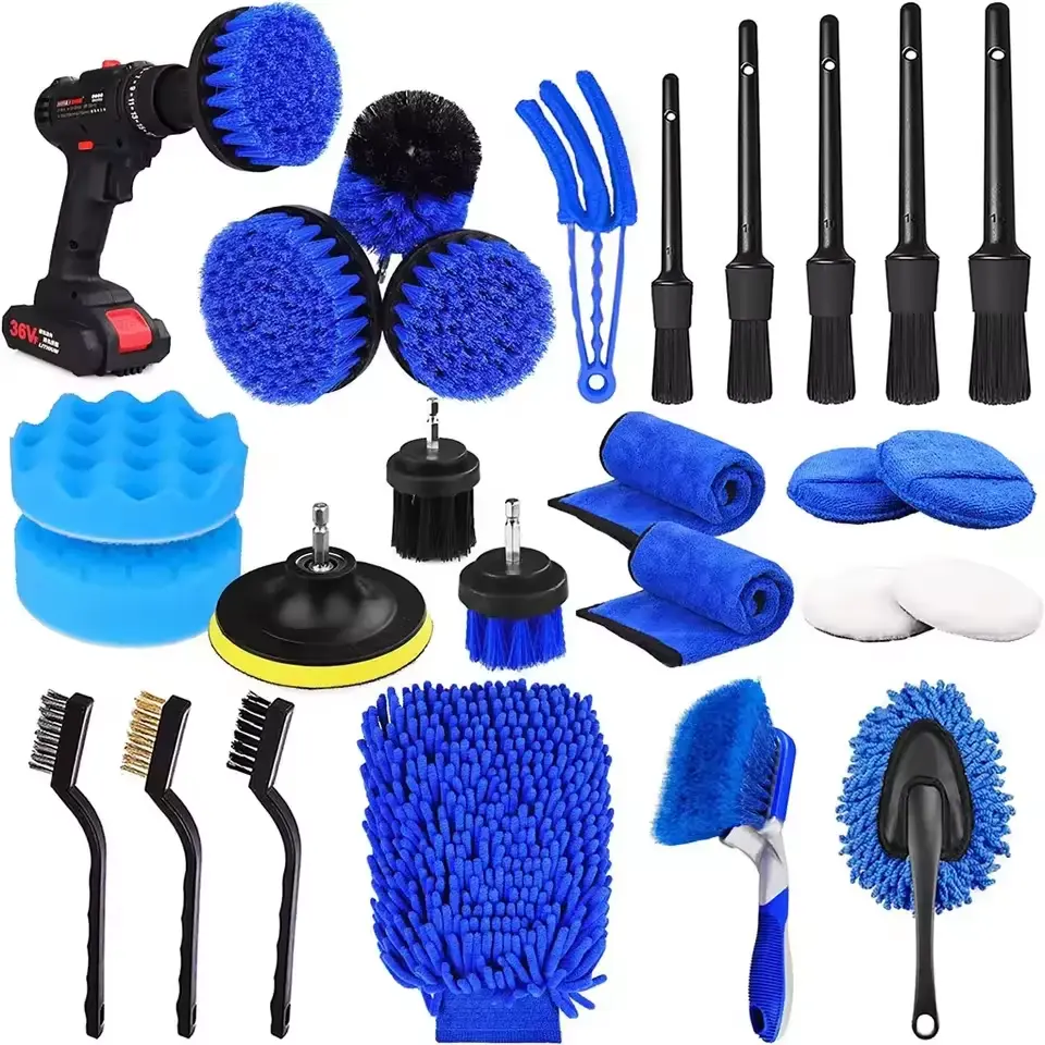 Qualité supérieure 26 pièces automobile entretien et nettoyages de voiture ensemble de brosses de détail ensemble de brosses de lavage automatique pour perceuse outils de nettoyage de voiture