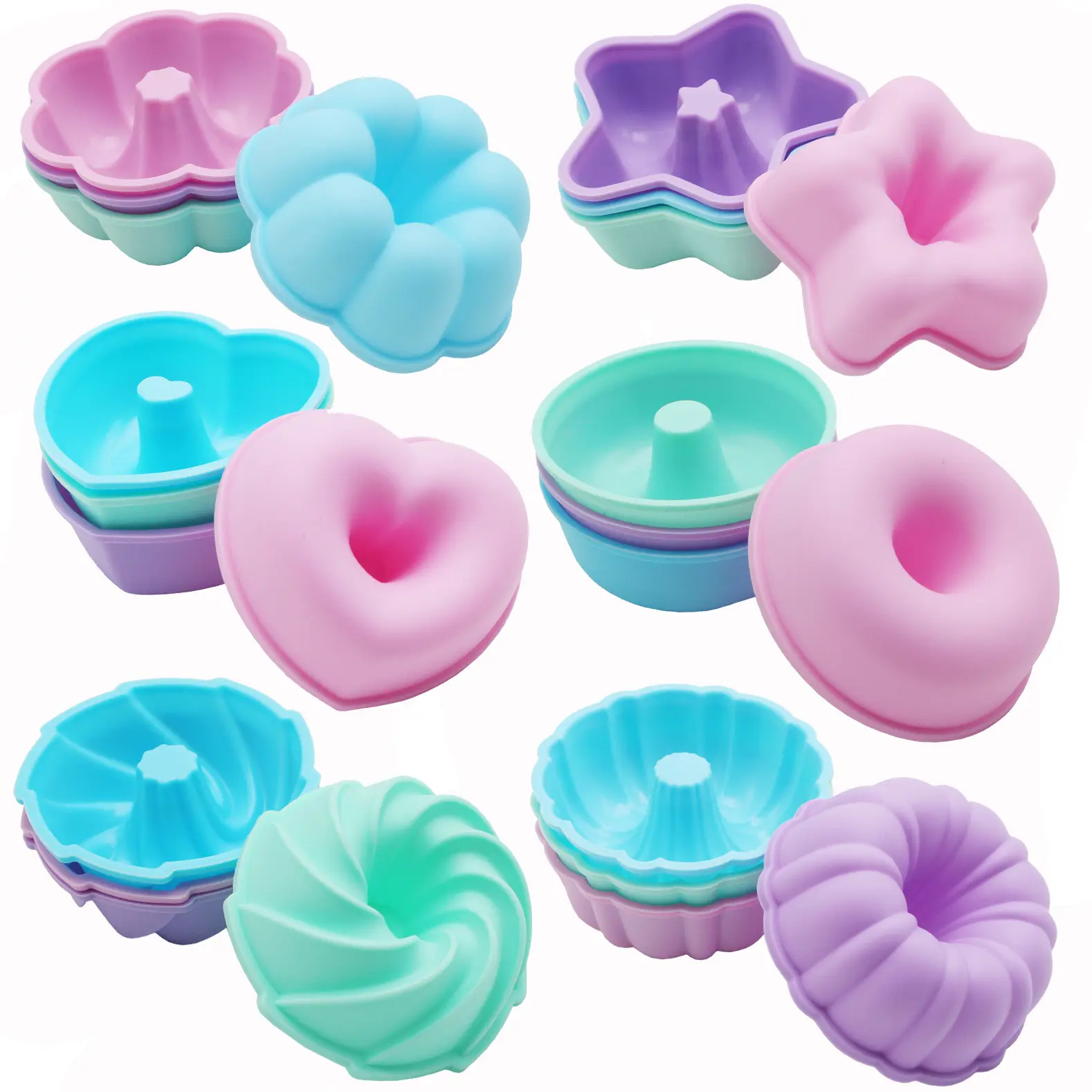 Conjunto de 12/24/36 peças de silicone para muffins, cupcake de qualidade alimentar, moldes para muffins e cupcake em nove formatos, preço baixo