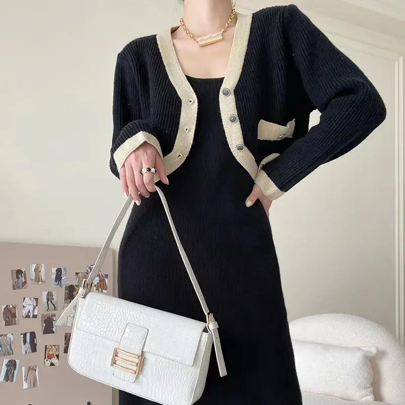 Huachao fashion high quality cashmere twinset lady dress knit long dress slim fit coat women sweater of dress