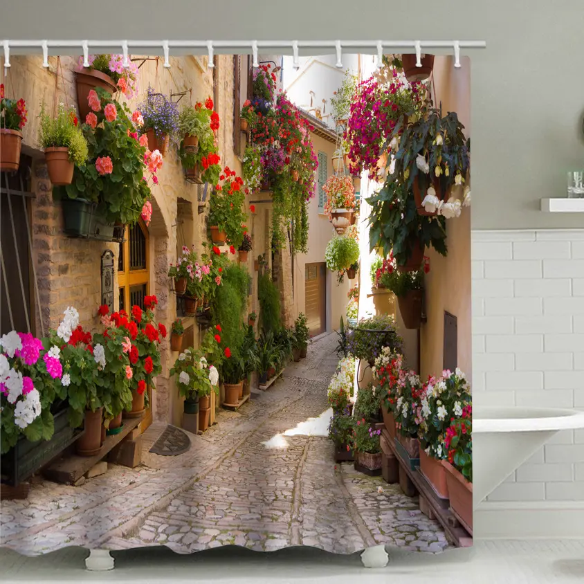 Cortinas de banheiro 3d impermeável, conjunto de ganchos, moderno, flor, poliéster, ambiental, casa, banho, banheiro, cortinas de chuveiro
