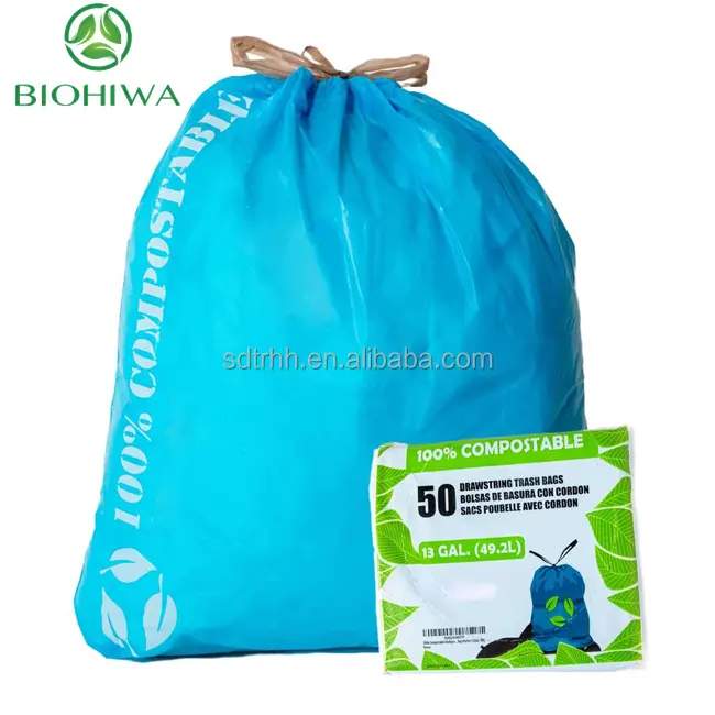 Personalizado ecológico negro blanco colores biodegradable cordón bolsa de basura de plástico reciclado bolsas de basura dibujar cinta en rollo