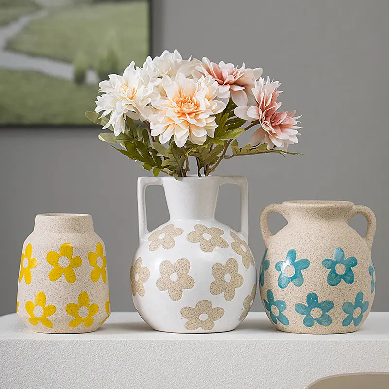 Mini jarrón de cerámica hecho a mano con forma de flor, jarrón de decoración del hogar Floral pintado a mano