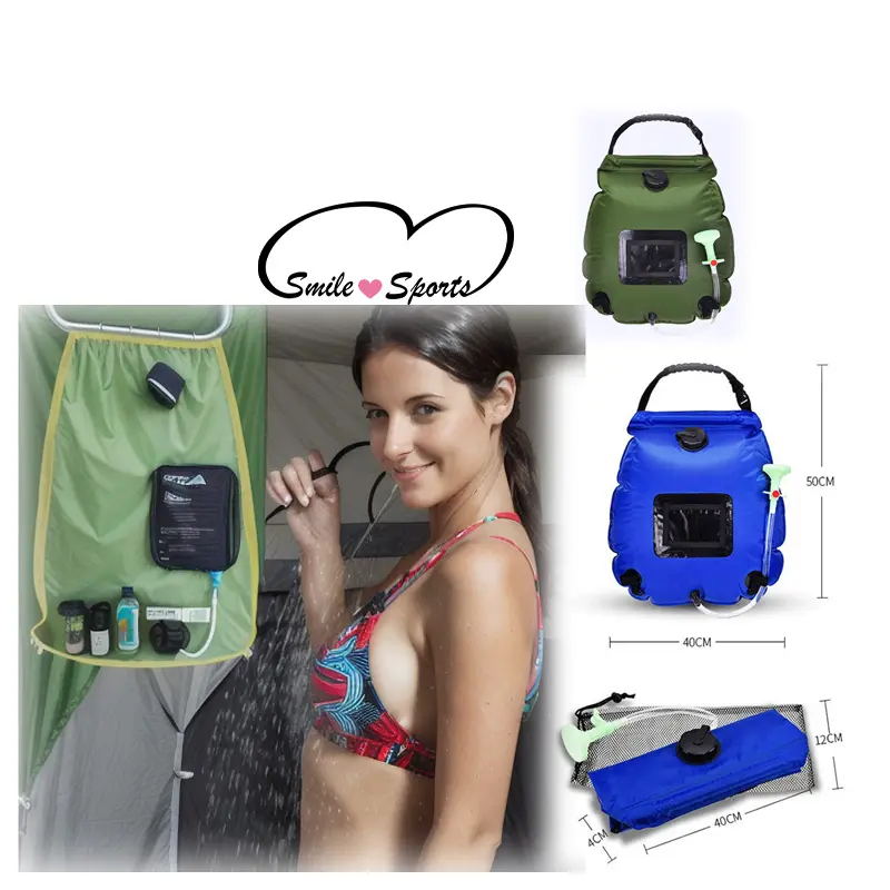 Bolsa de ducha para acampar con calefacción solar de 20L con manguera extraíble y cabezal de ducha conmutable con encendido y apagado para nadar en la playa