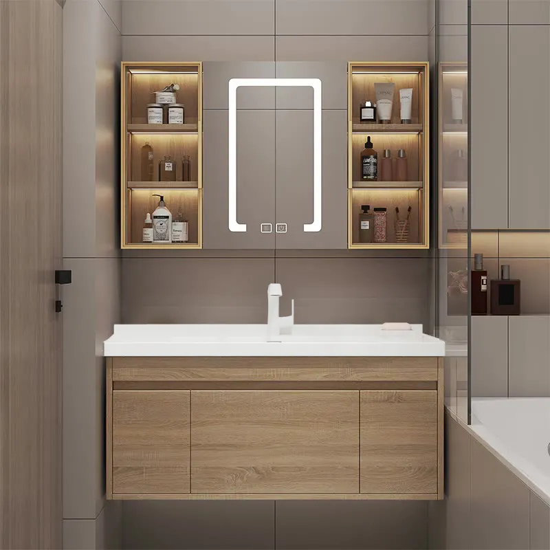 Armario de almacenamiento con lavabo para baño, mueble de madera maciza moderno con espejo Led personalizado, hecho en China