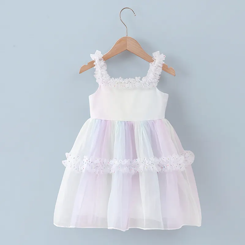 Child white ruffled lace princess camisole dress girl elegant sweet korean rainbow pastorale summer flower kids tulle dresses