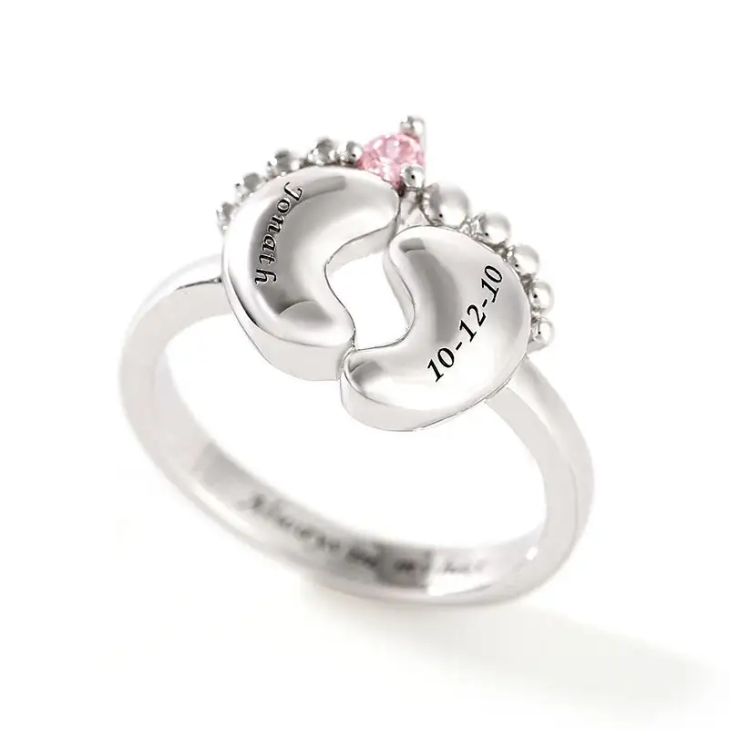 Nome personalizado Gravura Dainty 925 Sterling Silver Baby Pés Cubic Zirconia Birthstone Anel Para As Mulheres Mãe Do Bebê