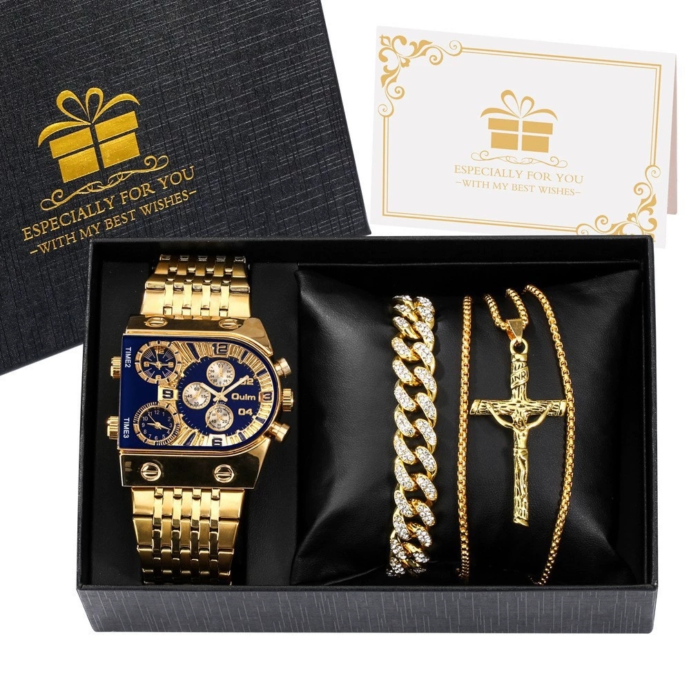 9 Oulm 9315 Blue Gold Watch with Bracelet Necklace and Box