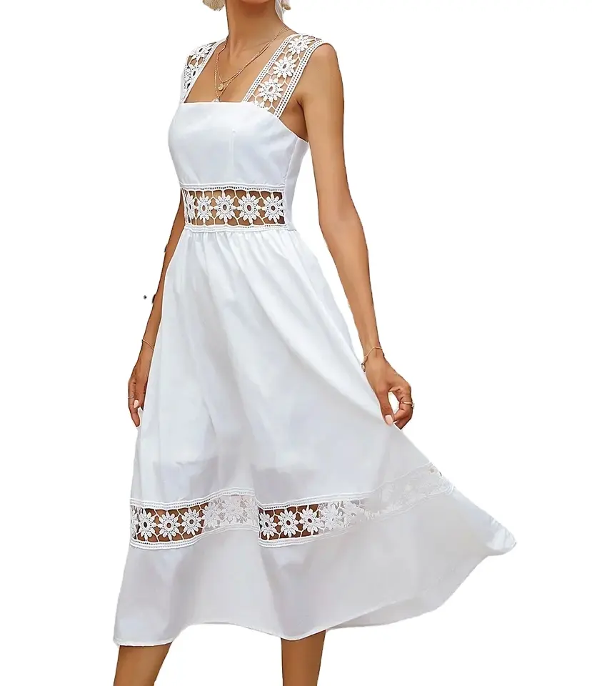 Vestido informal de algodón con encaje transpirable para mujer, traje informal de cintura alta, 2021