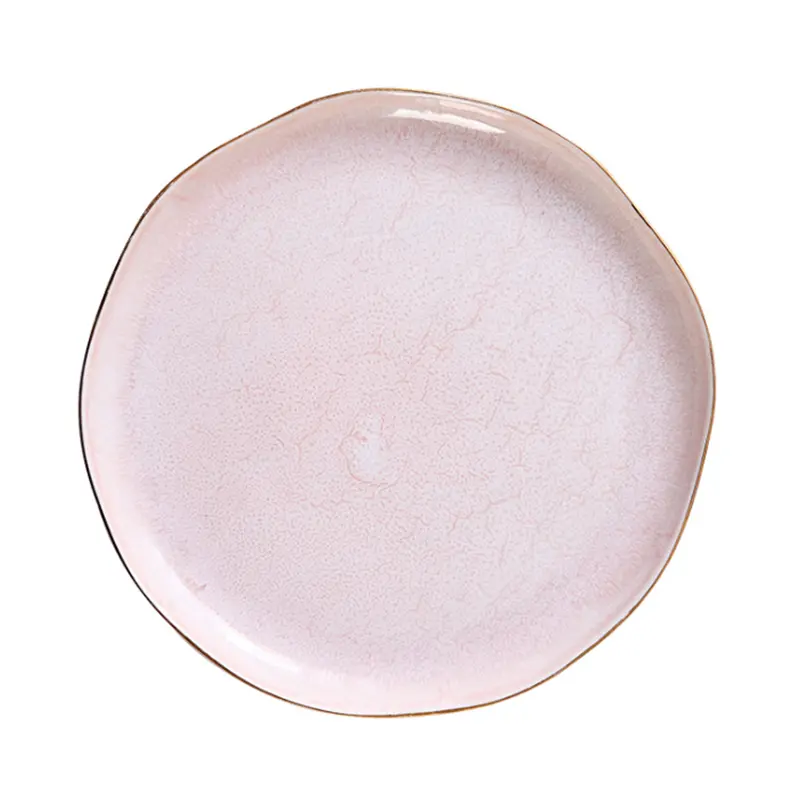 Plato de cena de cerámica, borde dorado de lujo, forma irregular, esmalte reactivo único rosa