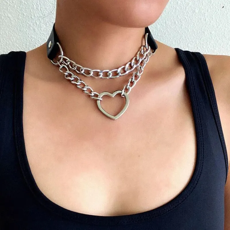 Collar de corazón ajustable para niñas, gargantilla de cuero, cadena de Metal, hip hop, bonito Collar Punk gótico de dama de honor, joyería de moda Harajuku