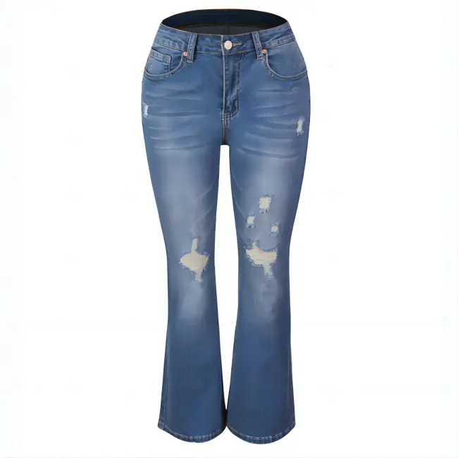 تخفيضات كبيرة جاهزة للشحن موضة جديدة قطن/سبانديكس جينز أزرق رخيص بالجملة بنطال جينز واسع بنطال جينز واسع للنساء