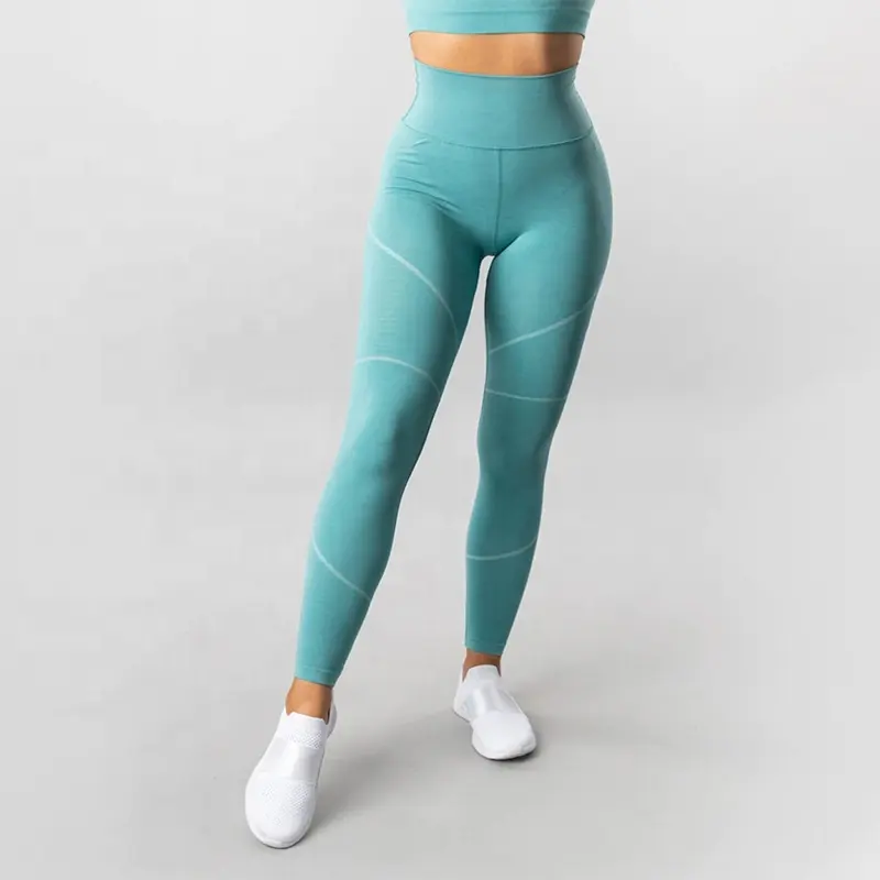 Toptan spor egzersiz nefes naylon Spandex Yoga pantolon yüksek Waisted nervürlü dikişsiz ezme popo tayt kadınlar