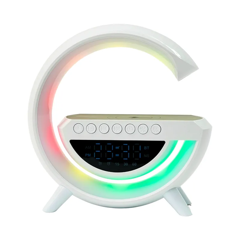 Despertador multifuncional com suporte para carregamento rápido sem fio LED Atmosphere Luzes BT 5.2 Alto falante sem fio G