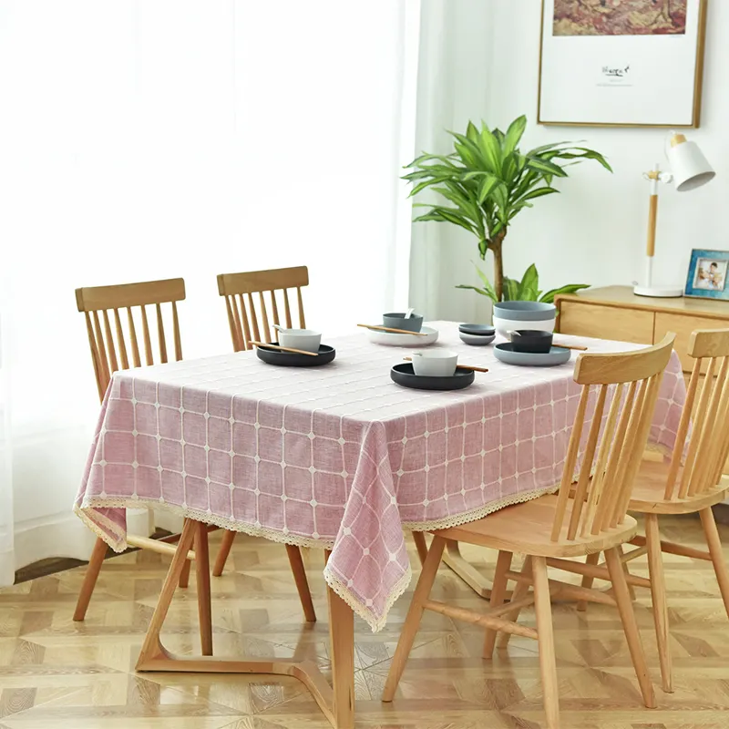 Best-selling Pink Tartan Lace Table Cloth Wedding Striped Checked Weave Cotton Linen Fabric Rectangular Tablecloth For Home Use