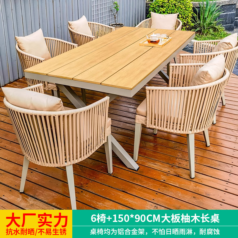 6 sillas + mesa larga de teca con tablero grande de 150 cm