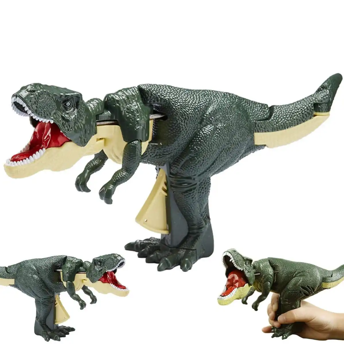 Pressionando o balanço do dinossauro para fazer um som o dragão ruge e o brinquedo de dinossauro morde Pressionando o brinquedo Tyrannosaurus Rex