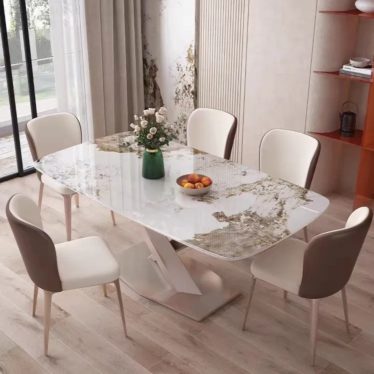 Set ruang makan meja makan dengan 4 tempat duduk, piring batu modern
