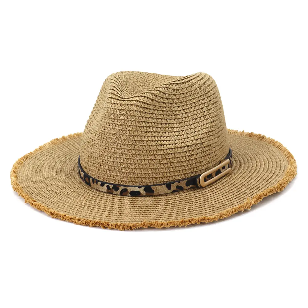 2024 yeni gelmesi kadın kızlar sevimli saman geniş ağız Panama şapka leopar bant ve altın kemer ile