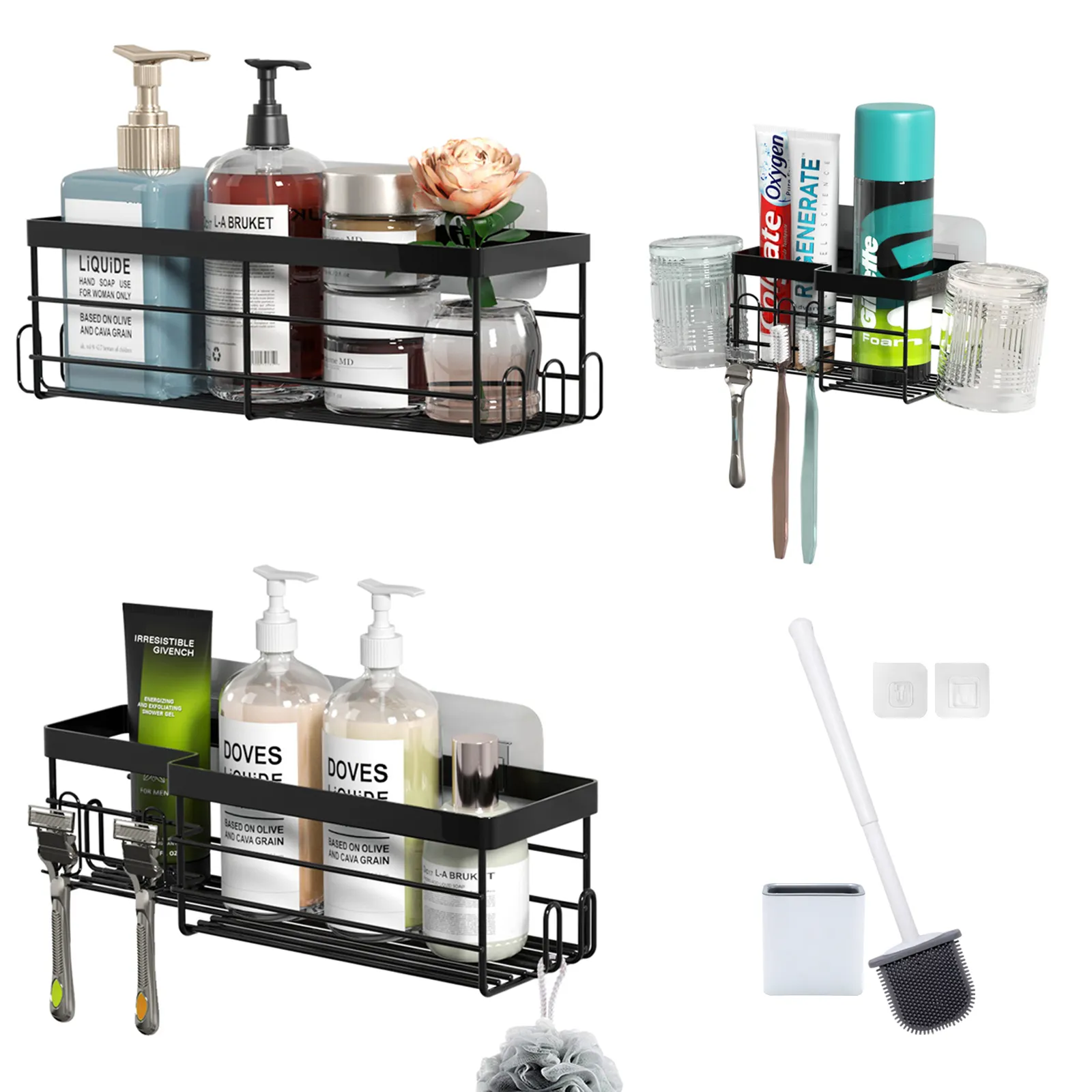 Estante de cesta para ducha, organizador de baño negro con cepillo de inodoro, sin taladros adhesivos, paquete de 3 estantes de almacenamiento