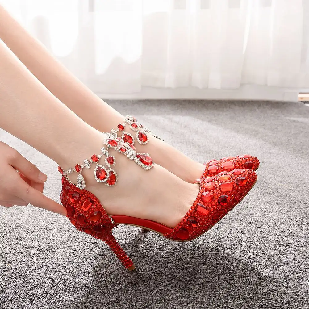 लक्जरी दुल्हन क्रिस्टल जूते लाल 9cm उच्च पतली एड़ी क्रिस्टल स्फटिक जूते शादी के लिए महिलाओं के पंपों