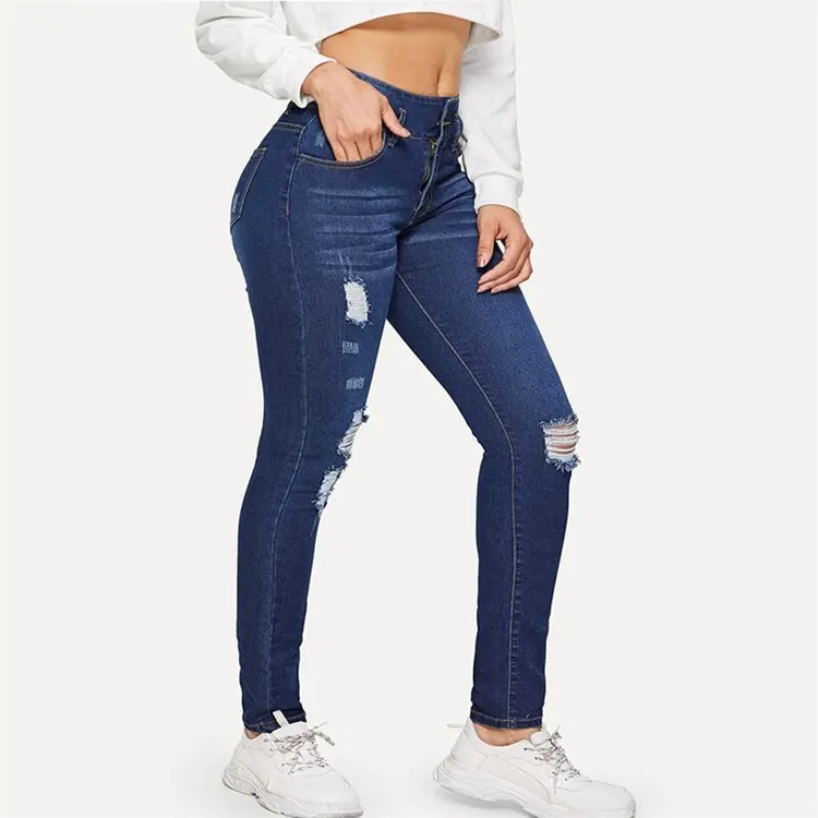 Pantalones vaqueros elásticos azules ajustados de cintura alta personalizados, pantalones vaqueros rasgados al por mayor, pantalones vaqueros ajustados para mujer