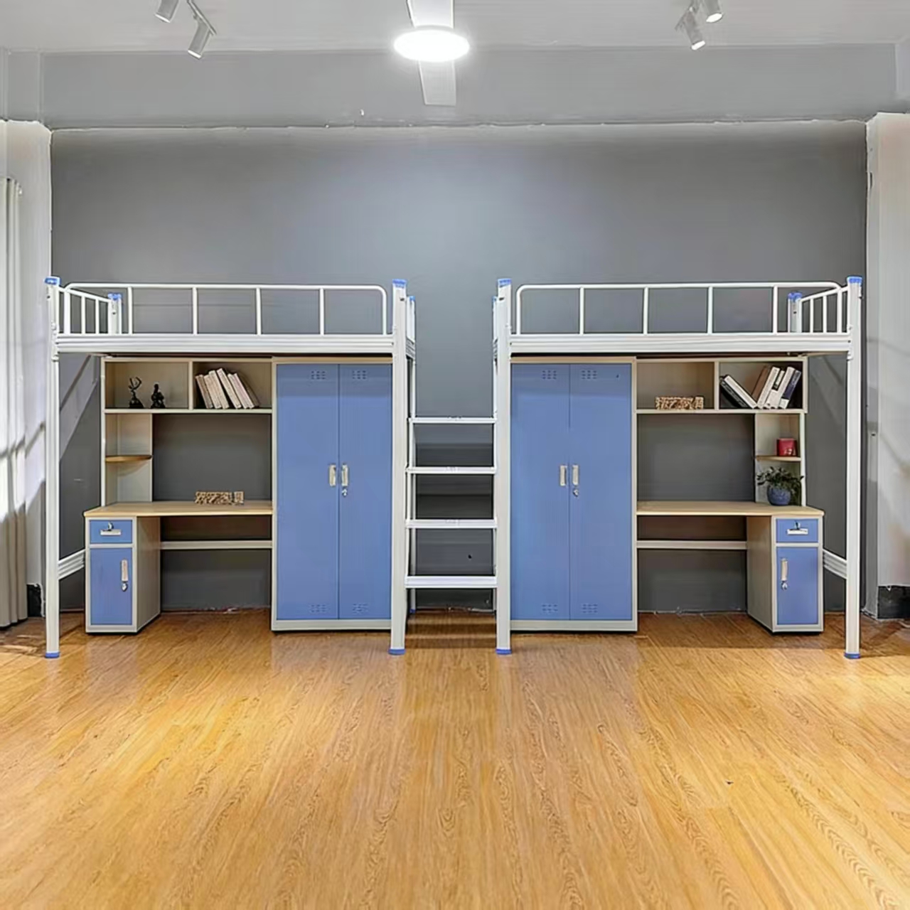Blue loft bed with double-door wardrobe
