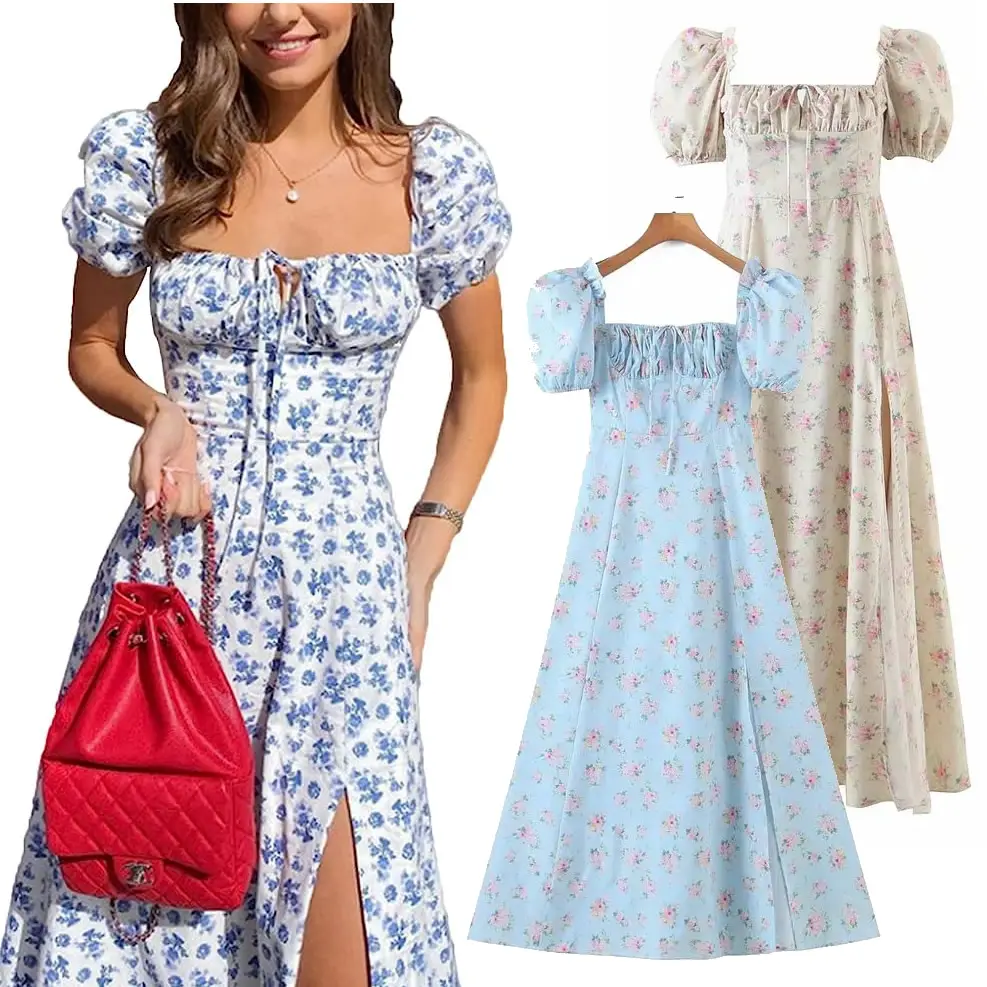 18 estilos más tamaño elegante de las mujeres de cuello cuadrado Split Puff manga Floral Maxi vestido Boho mujeres playa Sundress