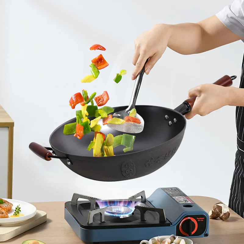 キッチン調理器具焦げ付き防止中華鍋蓋付き鋳鉄中華鍋
