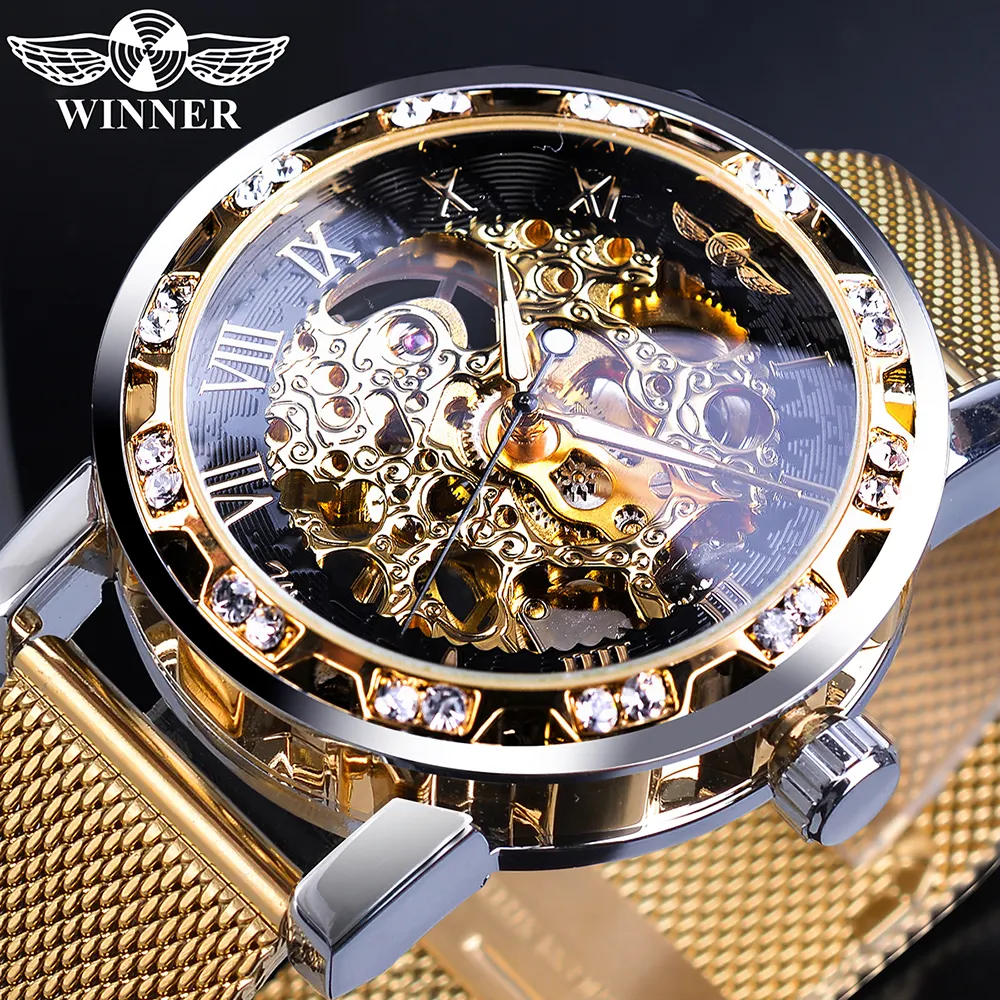 Gagnant hommes montres dorées squelette montre mécanique cristal maille mince bande en acier inoxydable haut nouveau luxe main vent montre-bracelet