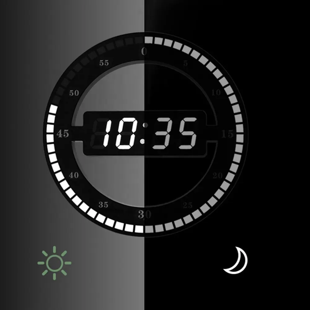 Sveglia da parete a LED luminosa circolare digitale 3D silenziosa con calendario, termometro di temperatura per la decorazione domestica del soggiorno