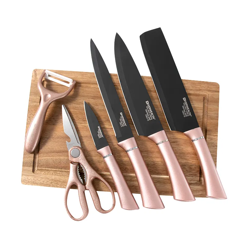 Vente en gros de couteaux de chef de cuisine en acier inoxydable à revêtement antiadhésif avec ciseaux et planche à découper en acacia