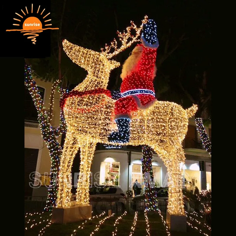 Santa Claus 3d de alta calidad para exteriores, decoración de Navidad, animales, Reno, luces Led con motivo comercial