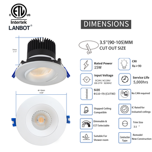 Recessed Lighting Gimbal LED Spotlight Telescopic COB Ceiling Downlight CRI 90+ Adjustable up and Down 90Degree Can <strong>Be</strong> <strong>Swivel</strong> - Product Image 4