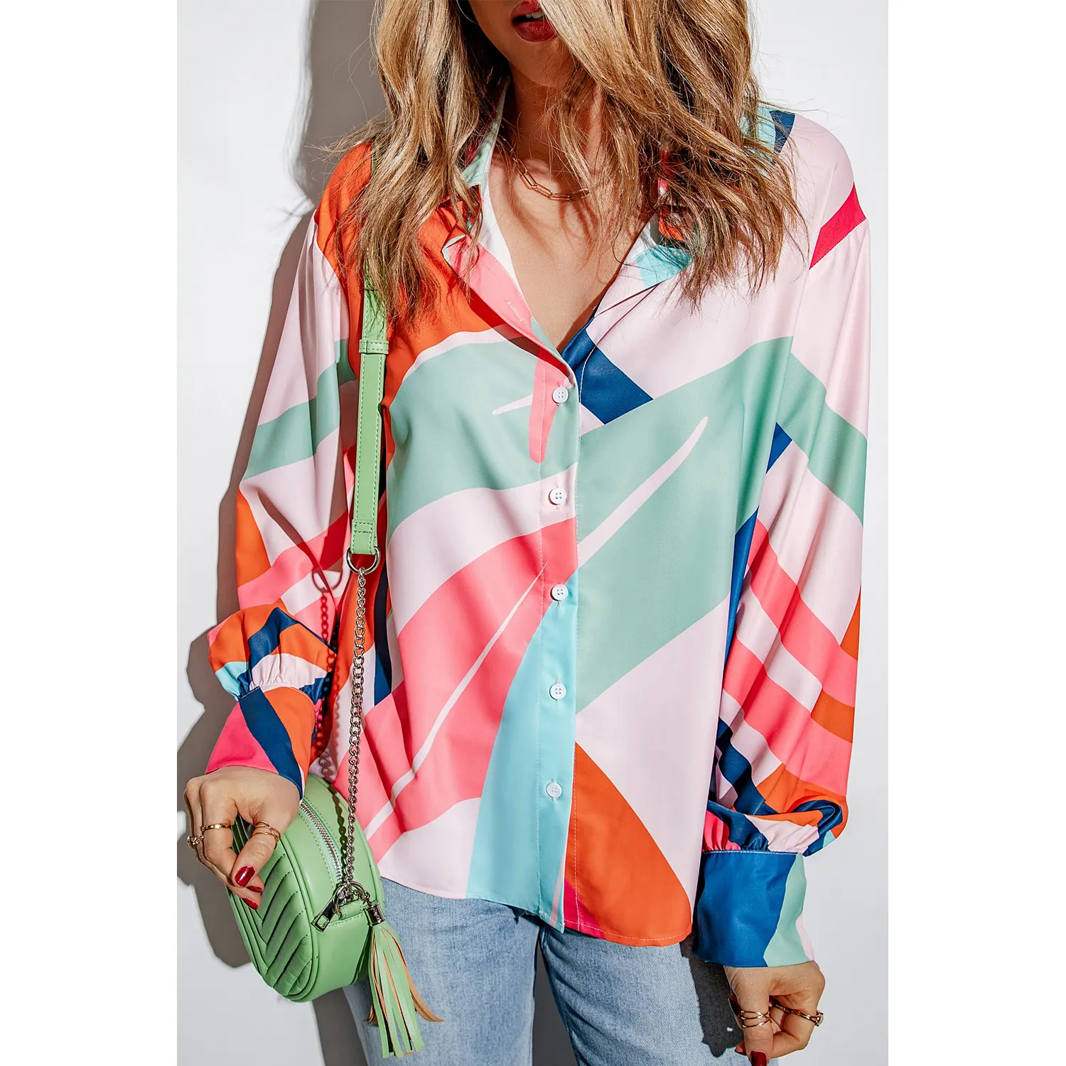 Camisas de moda para mujer, ropa de manga con puños, camisa Multicolor con estampado abstracto, 2022