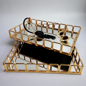 现代金色矩形华丽金属服务镜面托盘与圆形珠宝化妆chrom tablett - Product Image 1