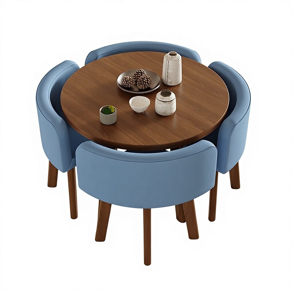 80cm walnut patterned round table + 4 blue fabric chairs