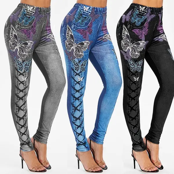 Mallas transpirables con estampado de mariposa para mujer, Leggings elásticos de cintura alta de talla grande, pantalones vaqueros de imitación