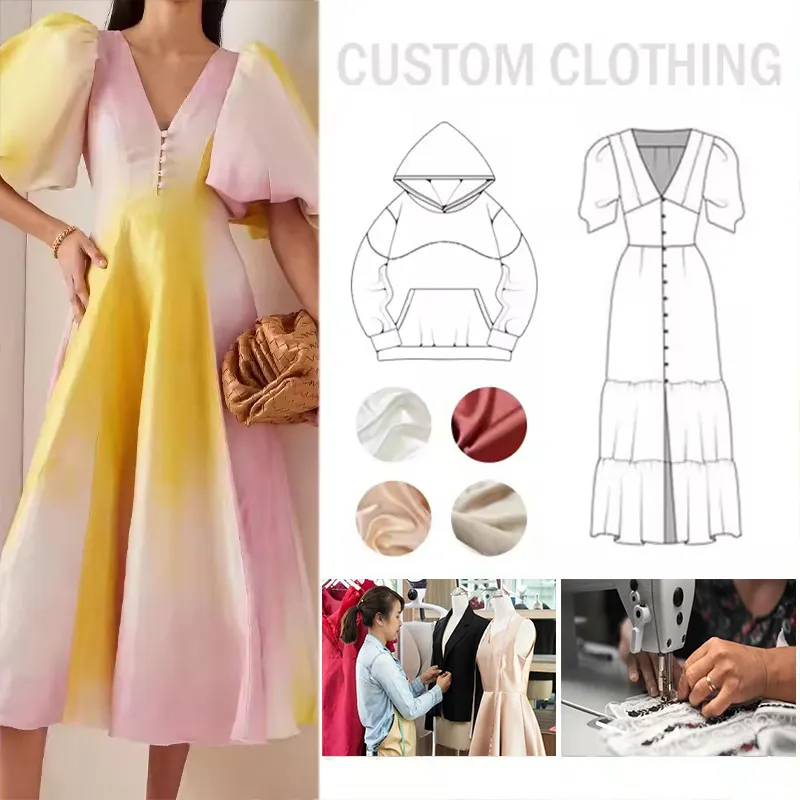 Pabrik musim panas Puff lengan ikat celup kembali berongga Midi kasual elegan gaun A-Line Fit Flare warna gradien gaun wanita panjang