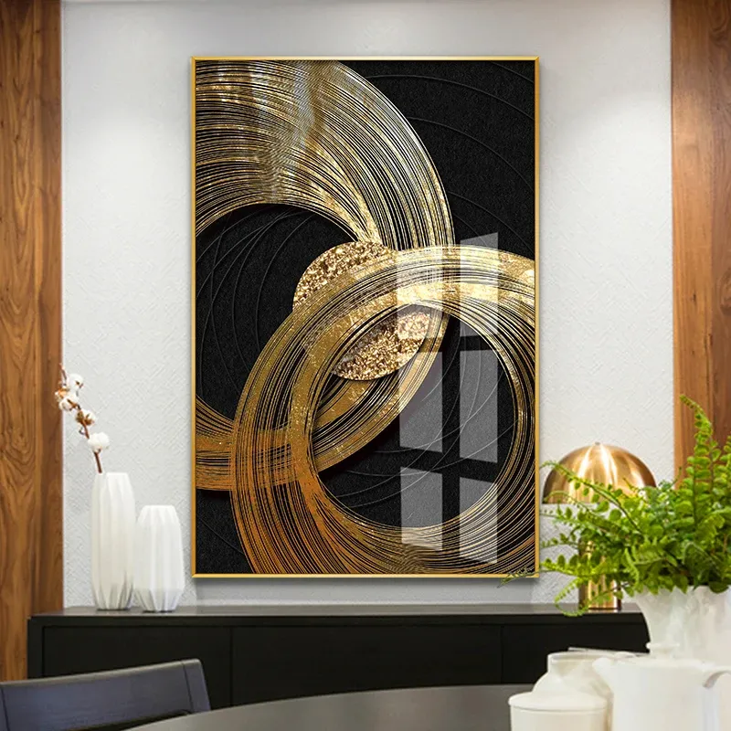 Póster de lujo de hojas de lámina dorada negra abstracta, pintura en lienzo de planta de arte, cuadro de pared moderno decorativo para decoración para sala de estar