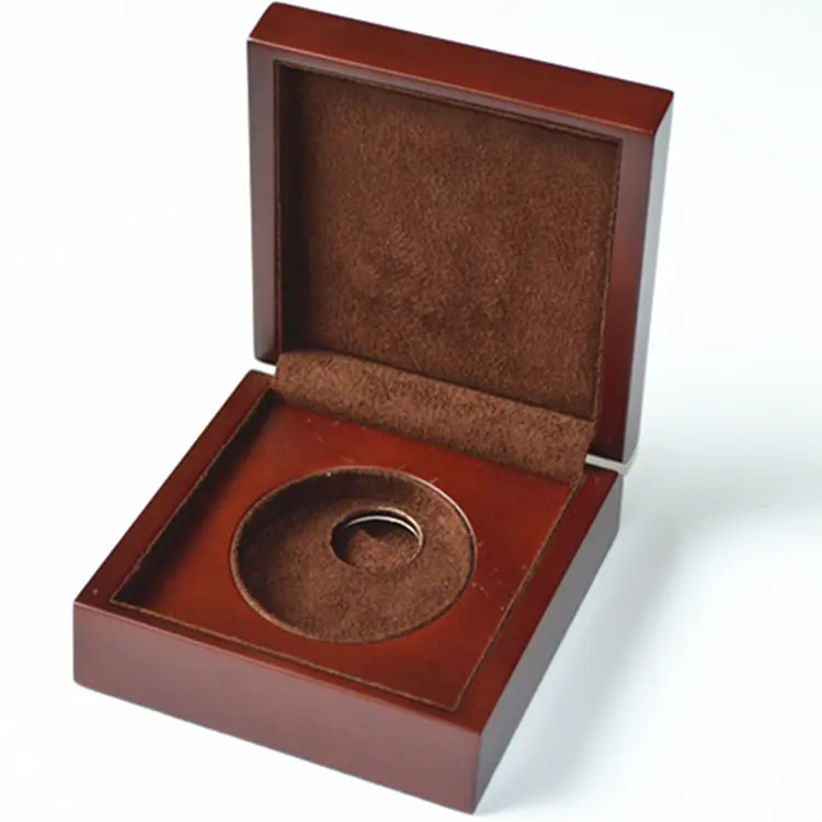 Beautiful matte spray painting brown removable wood suede lining with back frame rigid coin packaging box