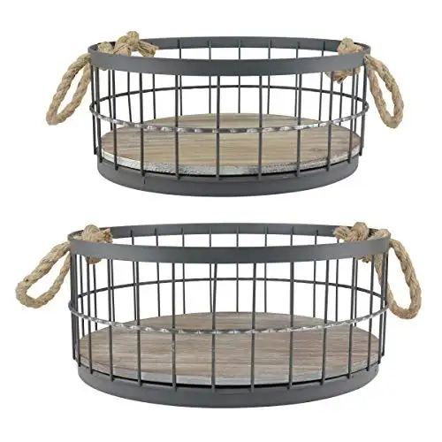 Rustic Decor 2pc Round Stackable Metal Wire Wood Basket Set Rope Handles for Home Storage