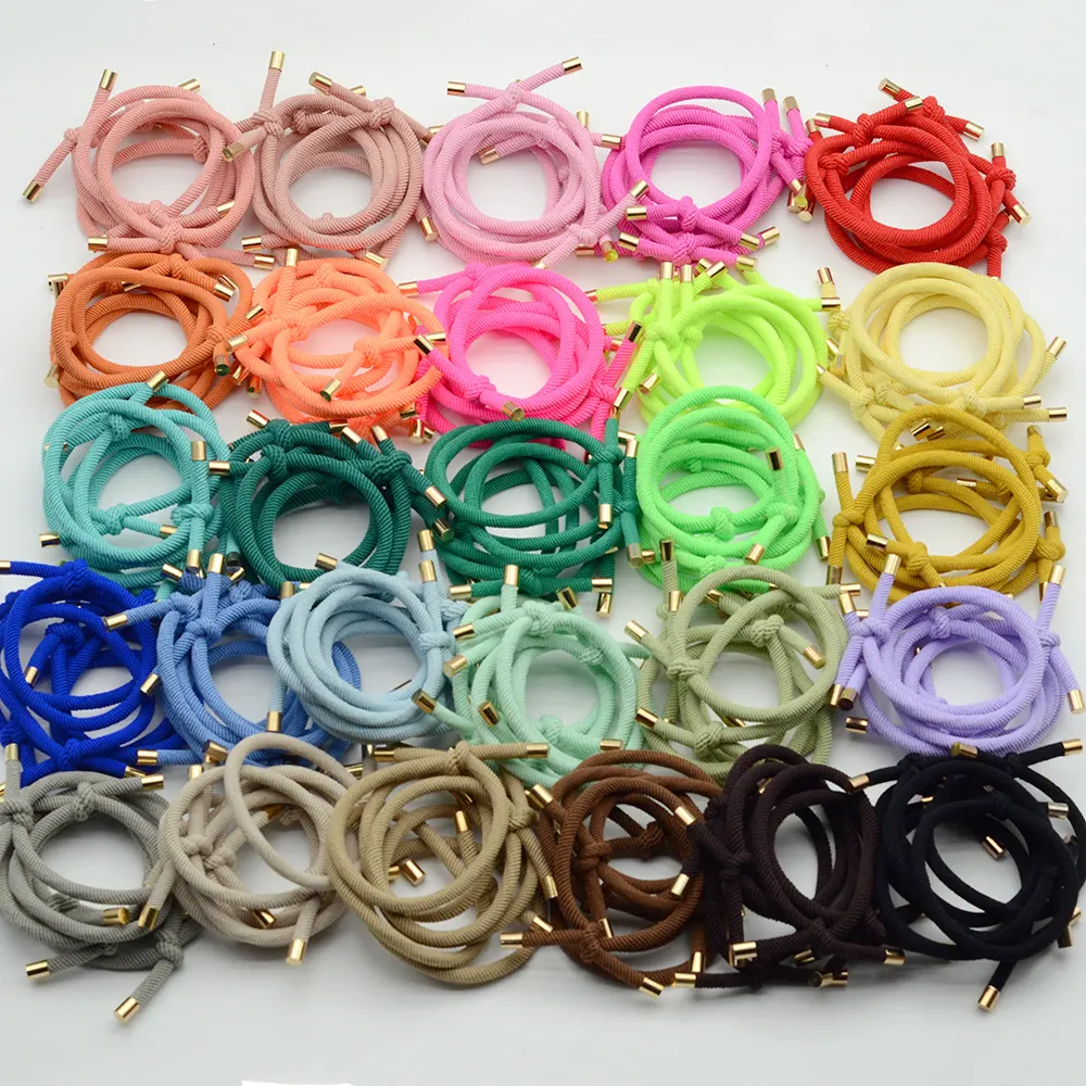 34Colors 5mm Twilled Cords Knotted Elastic Thick Hair Ties For Girl with Golden Beads Ends Women Hair Bands Ponytail Holder Rope